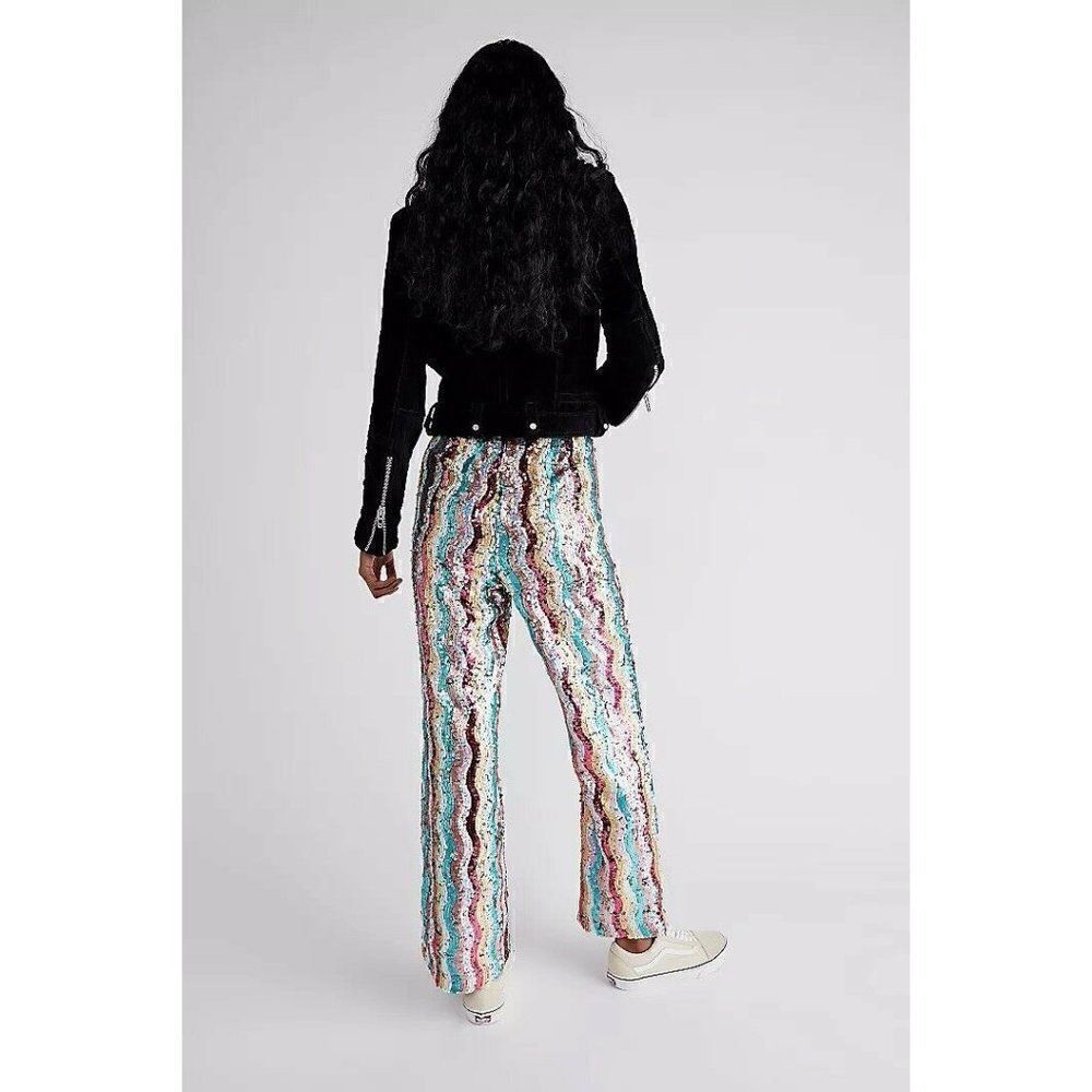 NEW FREE PEOPLE Sz 2 DISCO FLARE PANTS PULL ON RAINBOW SEQUIN PANTS - Picture 2 of 3